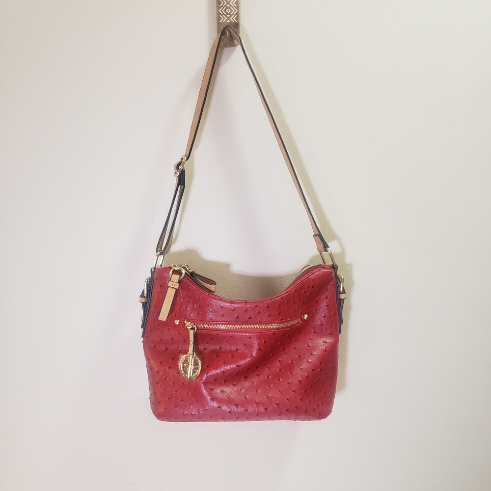 GIANI BERNINI Embossed Faux Ostrich Leather Hobo Shoulder Bag- Red